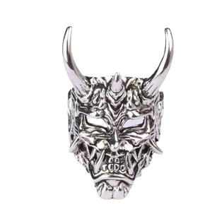Retro bull-headed Hannya mask ring in silver metal with bold gothic style and hip-hop design