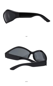 Side and back view of black retro wide-leg sunglasses with dark grey polarized lenses