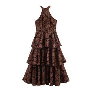Robe Maxi À Licou Pour Femmes Jacquard Floral Jupe Gâteau À Étages Rétro Élégant Sans Manches Dos Nu Longue Soirée
