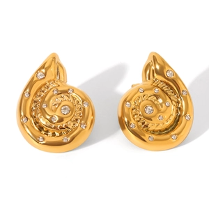 Detail of 18K gold stainless steel earrings in snail shape with sparkling rhinestones