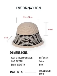 Women's knit bucket hat with rhombus pattern and size chart measurements in off-white