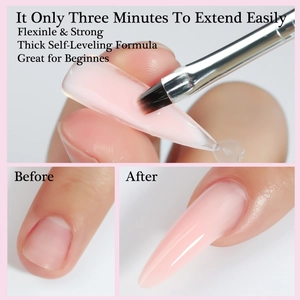Nail extension gel detail showing before and after results with pink translucent texture