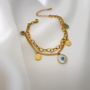 Evil Eye Double Layer Bracelet Gold Plated Stainless Steel Paperclip Link Chain Lucky Jewelry For Women