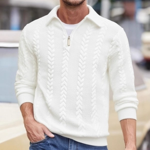 Men's casual white knit quarter-zip pullover sweater with textured jacquard pattern
