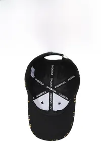 Detail view of baseball cap interior with embroidered webbing and metal size adjuster