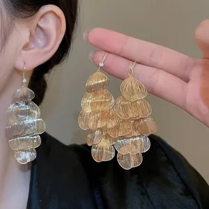 Layered Hollow Petal Drop Earrings With Silver Earring Post Metal Brushed Tassel Retro Elegant For Women