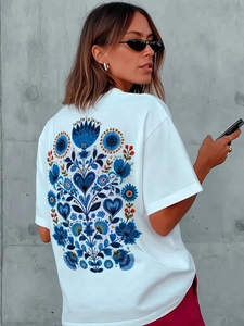 Γυναικείο Βαμβακερό T-Shirt Κοντομάνικο Στρογγυλή Λαιμόκοψη Χαλαρή Εφαρμογή Streetwear Φολκλόρ Φλοράλ Σχέδιο Στην Πλάτη