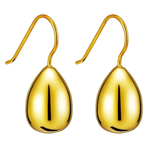 Close-up of polished gold teardrop earrings showing smooth metallic finish and elegant curve