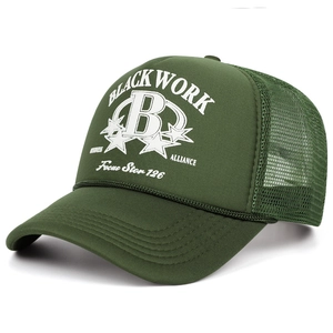 Detailed view of dark green trucker hat featuring foam front and white foam printing