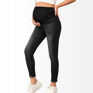 High-waist maternity skinny jeans with belly support band in dark grey denim