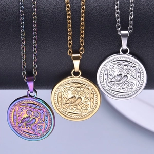 Detailed trio of vintage owl coin pendants in rainbow, gold and silver stainless steel