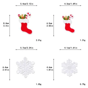 Size chart for Christmas stocking and snowflake embroidered patches showing dimensions