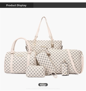Detail view of a 6-piece beige handbag set featuring geometric patterns and gold hardware
