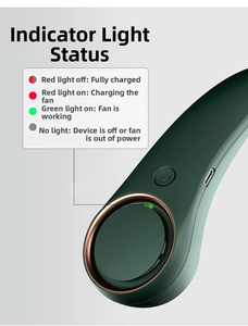 Detail of bladeless neck fan with USB-C port, power button and LED indicator