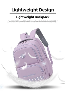 Detail view of lightweight lavender nylon backpack with wide breathable straps and feathers
