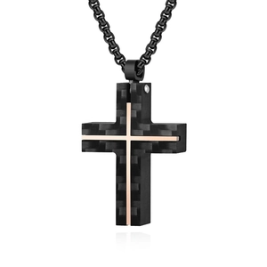Men's carbon fiber cross necklace in black and rose gold with matching chain