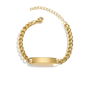 Polished gold Cuban link bracelet for men with customizable rectangular metal plate