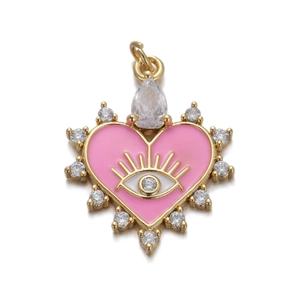 Detailed view of pink enamel heart pendant with evil eye motif and zircon stones