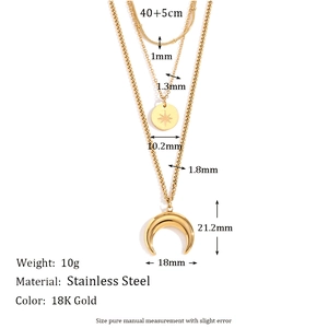 Triple layer 18K gold plated stainless steel necklace with moon and star pendants