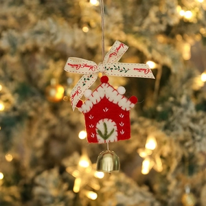 Handmade red felt Christmas house ornament with gold bell and Merry Christmas ribbon