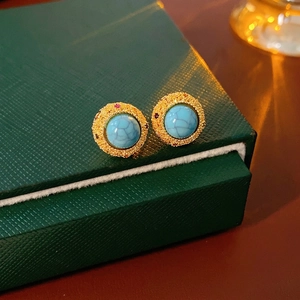 Vintage Turquoise Stud Earrings 18K Gold Plated Copper With Silver Earring Post Round Retro Jewelry For Women