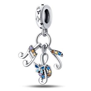 Exquisite silver music note and butterfly charm pendant with colorful zircon stones