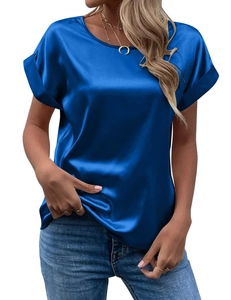 Detail of royal blue satin T-shirt with rolled cuffs and smooth silk-like texture