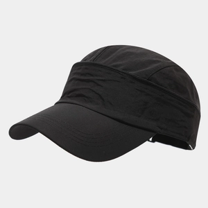 Close-up of black quick-dry baseball cap featuring a functional top metal zipper detail
