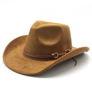 Detailed side view of brown suede cowboy hat with faux leather band and gold chain buckle