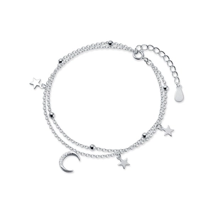 Bracciale a doppio strato in argento S925 con ciondoli stella e luna e catena regolabile