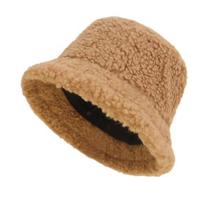 Brown fluffy lamb wool bucket hat with adjustable inner strap for winter warmth