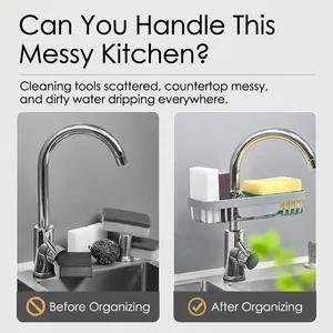 Kitchen faucet organizer rack for sponges and soap, stainless steel sink storage shelf