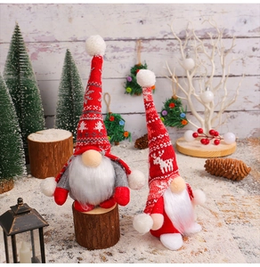 Close-up of festive Christmas gnomes in red and white knitting with plush beards