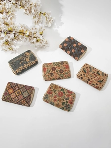 Vintage cork texture women's short wallets with various floral and geometric prints