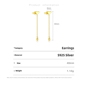 Detail view of S925 sterling silver heart tassel earrings with dimensions and 40mm length