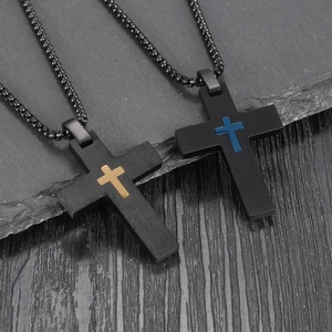 Minimalist black stainless steel double cross pendant necklace with gold and blue details