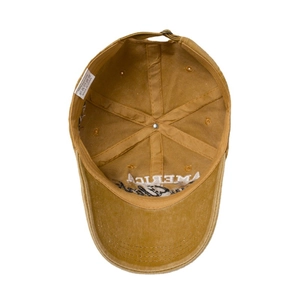 Internal view of a washed cotton baseball cap with adjustable metal buckle and stitching