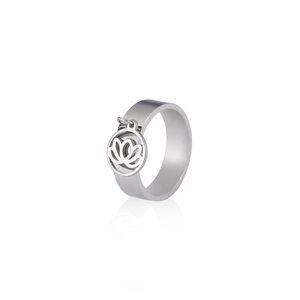 Polished stainless steel ring with hollow lotus flower pendant and reflective shadow
