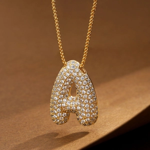 Sparkling 18K gold plated A-letter pendant necklace with iced-out cubic zirconia stones