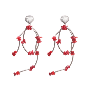 Bohemian silver hoop earrings with seashell design and vibrant red stone tassels