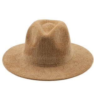 Close-up of the fine chenille weave texture on a khaki vintage jazz fedora hat