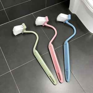 Three-color V-shaped toilet brush with long curved handle for dead corner cleaning