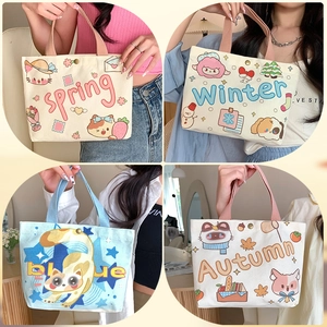 Small Canvas Handbag Cute Cartoon Illustration Print Mini Tote Bag With Button Closure For Women Students Daily Casual