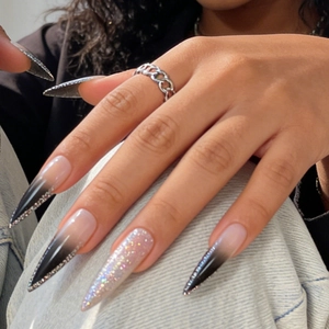 Faux Ongles Long Stiletto Ombré Dégradé Noir Rose Paillettes Strass Mode Pour Femmes