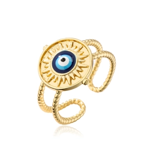 Golden Evil Eye open ring with sunburst design and triple-twisted rope band detail