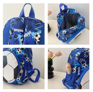 Detailed four-way view showing the blue football backpack interior and side mesh pockets