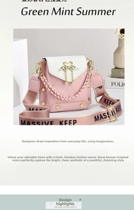 Detailed view of pink quilted handbag with pearl tassel and swan clasp decoration