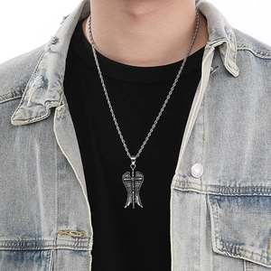 Punk vintage angel wing cross pendant necklace in silver stainless steel for men