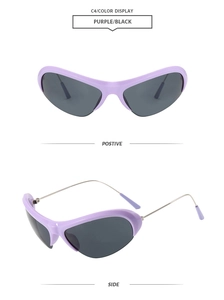 Detailed front and side views of purple Y2K half-frame cat eye sporty sunglasses