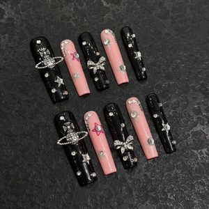 Handmade Long Coffin Press On Nails Y2K Punk Black Pink Bows Stars Rhinestones Luxury False Nails For Women